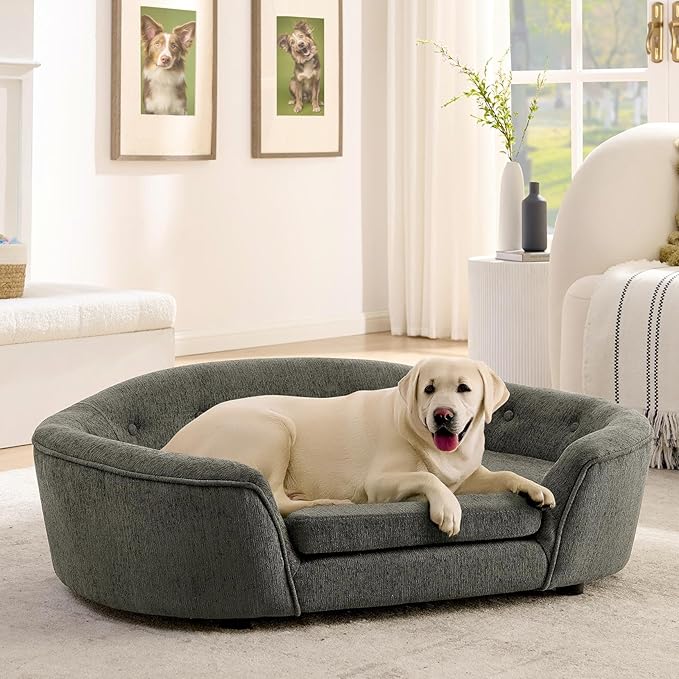 Dog Couch Bed with Oval Semi-Enclosed, Durable Linen Material Pet Sofa Couch with Soft Foam Cushion, Dog Sofa Bed with Legs for Medium Dogs, Dark Grey