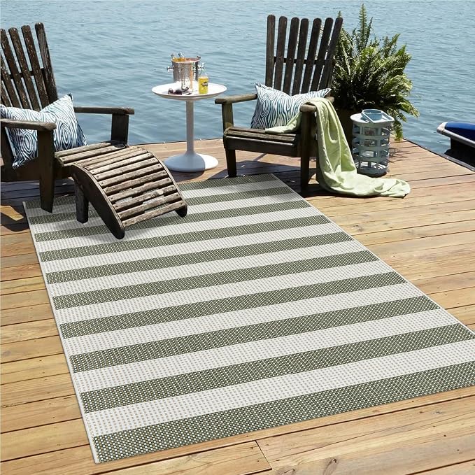 LEEVAN Striped Outdoor Rug 4x6, Washable Front Porch Rug, Spring Plaid Door Mats Outside Entrance, Green and White Entryway Floor Mat, Buffalo Woven Patio Layered Mat for Entrance/Deck/Camping