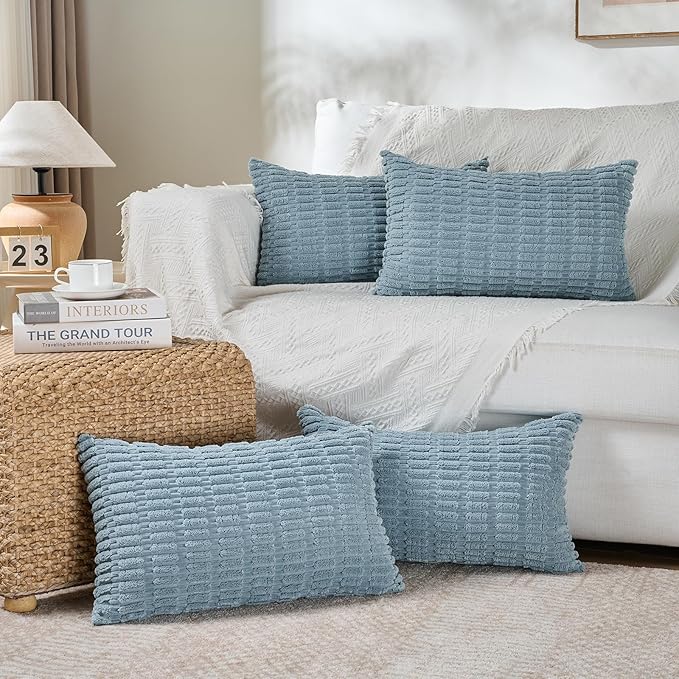 Fancy Homi 4 Packs Boho Light Blue Decorative Throw Pillow Covers 12x20 Inch for Couch Bed Sofa, Rustic Modern Farmhouse Home Decor, Soft Plush Corduroy Cute Rectangle Cushion Case 30x50 cm