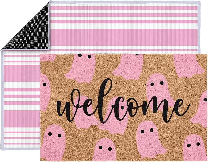 2 Pcs Pink Ghost Halloween Welcome Doormats, 16 x 24 in Welcome Ghost Door Mat and 24 x 32 in Pink White Striped Layering Rug, Cute Fall Porch Decor for Entryway Patio Kitchen Bathroom Floor
