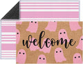 2 Pcs Pink Ghost Halloween Welcome Doormats, 16 x 24 in Welcome Ghost Door Mat and 24 x 32 in Pink White Striped Layering Rug, Cute Fall Porch Decor for Entryway Patio Kitchen Bathroom Floor