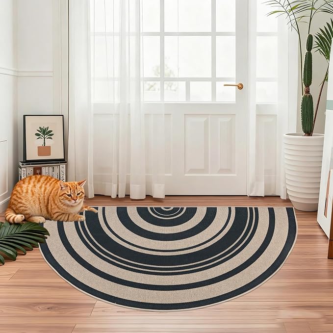 Easy Jute Rug 2.6x5Ft Half Round Rainbow Carpet for Farmhouse Bedroom Entrance, Non-Slip Half Circle Thin Neutral Floor Mat for Living Room Patio Kids Room Kitchen, Indoor Outdoor, Black 1