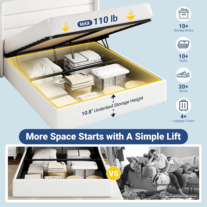 Allewie Full Size Lift Up Hydraulic Storage Bed Frame White | Modern Wingback Headboard, Hydraulic Support Storage, No Box Spring Needed