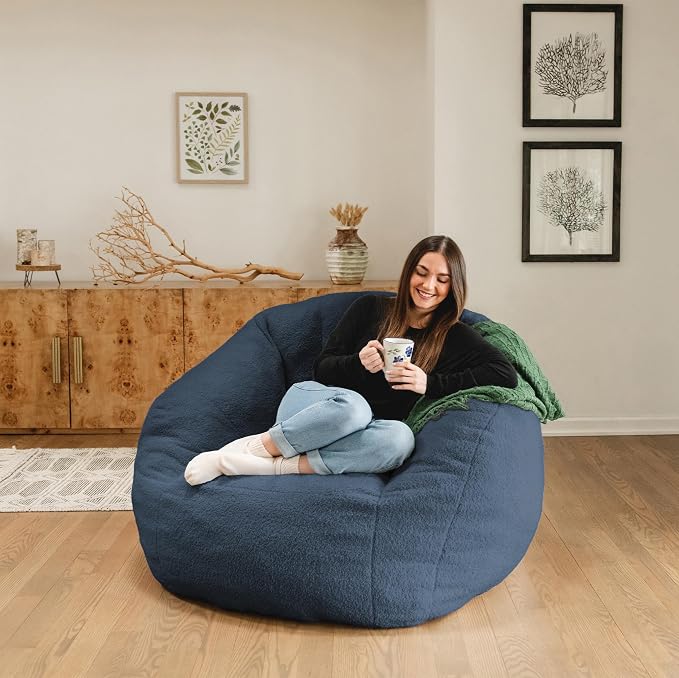 Big Joe Cloudberry Bean Bag Chair, Foam-Filled Structured Seat, Teddy Boucle, Slate Blue, Adults