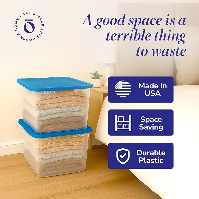 HOMZ Snaplock Clear Plastic Bin 56 Quart/14 Gallon | Storage Tote with Secure Lid | for Home, Office, Garage, Dorm Room Organizer | Stackable & Nestable | Blue Lid, Pack of 2