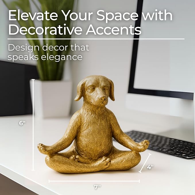 Meditating Dog Decorative Figurine – Zen Yoga Decor & Sculpture Accent – Polyresin Figurines & Sculptures Home Decor for Office, Bedroom, Living Room – 7" x 6", Gold
