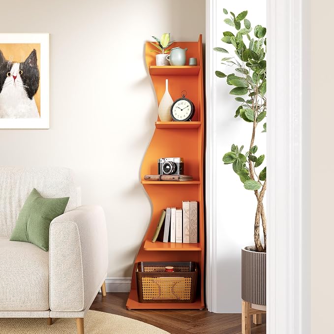 LITTLE TREE Small Corner Shelf, Modern 5-Tier Wall Wavy Corner Bookshelf | Stylish Bookcase Storage Rack for Small Space, Living Room, Bedroom, Orange