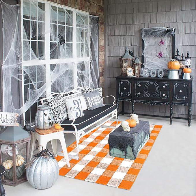 Bottalive Buffalo Plaid Outdoor Rugs, 3'x5' Orange and White Checkered Indoor/Outdoor Area Rug, Layering Rug for Hello/Welcome Door Mat, Washable Cotton Woven Farmhouse Mat for Fall Front Porch Décor