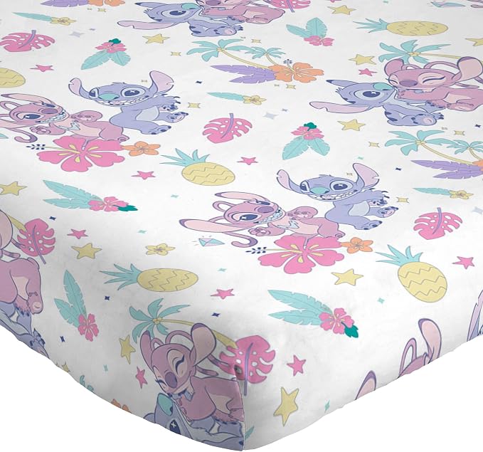 Jay Franco Disney Lilo & Stitch Full Size Sheet Set - 4 Piece Kids Bedding | Super Soft Brushed Microfiber, Deep Pocket, Machine Washable, White Angel Floral Design (Officially Licensed)