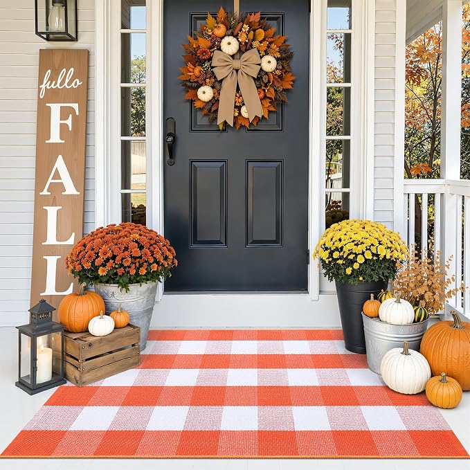 OLANLY Buffalo Plaid Rug 4' x 6' | Orange and White Cotton Checkered Doormat, Washable Indoor Outdoor Rug for Layered Front Porch, Kitchen, Entryway Decor