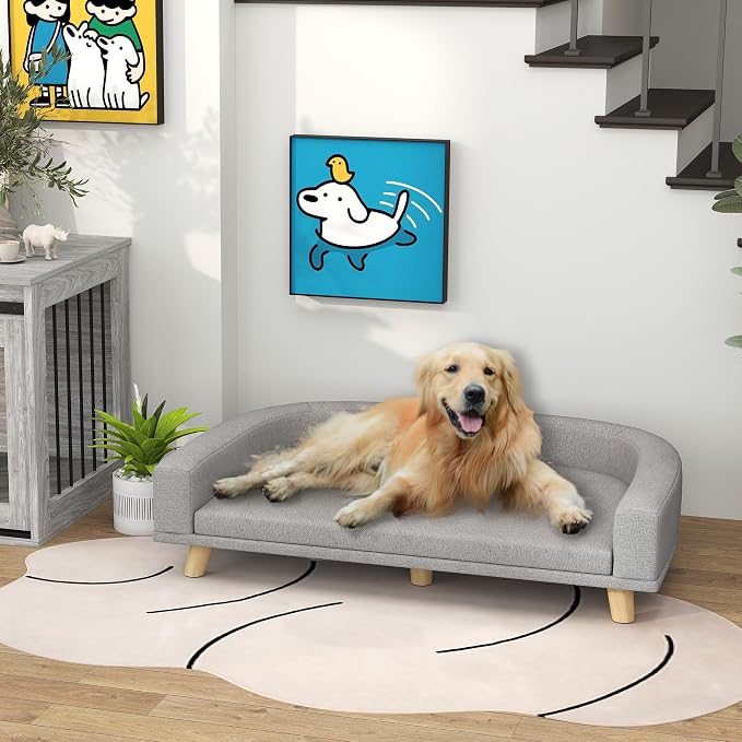 PawHut Dog Sofa Couch, Pet Bed with Comfortable Luxury Cushion, Washable Cover, Wooden Legs, Anti-Slip Mat for Large Dogs, Cats, Kittens, Gray