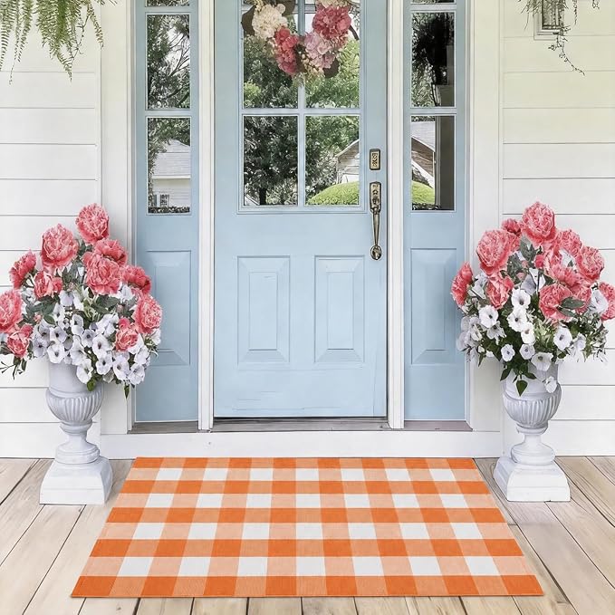 Buffalo Plaid Area Rug, Checkered Rug 27.5x43 Inches, Orange and White Rug, Washable Cotton Mat for Front Porch, Entryway, Kitchen, Living Room, Fall Decor