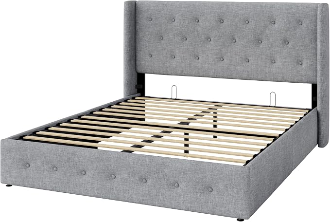 Allewie Queen Size Lift Up Storage Button-Tufted Bed Frame Light Grey | Modern Wingback Headboard, Hydraulic Support Storage, No Box Spring Needed