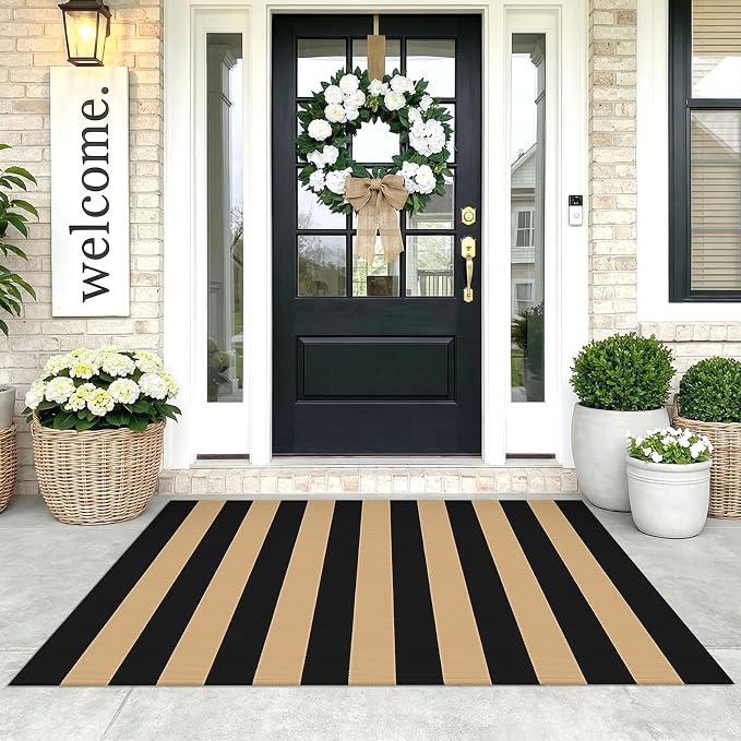 KOZYFLY Striped Rug 3x5 ft Front Door Rugs Cotton Woven Washable Indoor Outdoor Rug Brown Black Entrance Doormat for Front Porch Kitchen Patio Decor Outdoor Mat