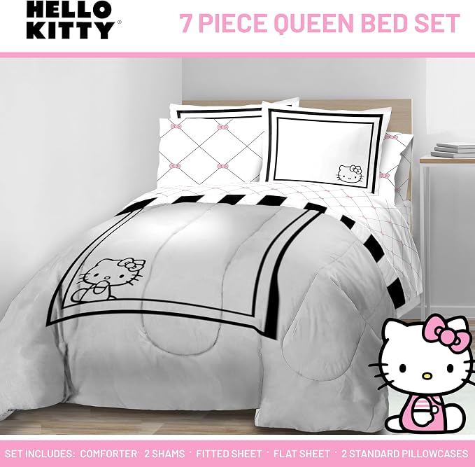 Sanrio Hello Kitty Queen Comforter Set 7 Piece Bedding for Girls, White | Bed in a Bag, Comforter Sheets Shams Pillowcases, Official Product, Soft Microfiber, Machine Washable, Girls Gift