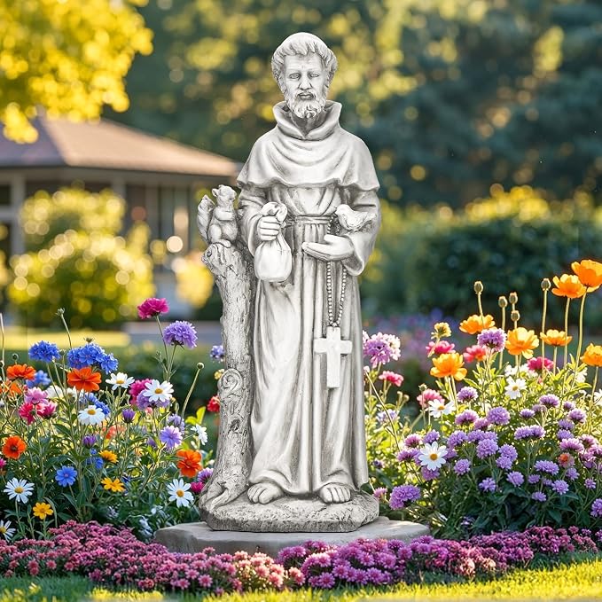 St. Francis Outdoor Garden Statue, Magnesium Oxide, Grey, 31 in | Catholic Outdoor Sculpture for Prayer & Meditation, Weatherproof, for Patio, Garden, and Yard Decor