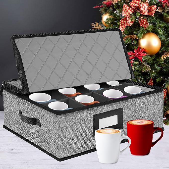 2PACK Quilted Mug Cup Storage Box,China Storage Containers | Cup Storage Containers Hard Shell with Lid for Moving Transport,Kichen Dinnerware Storage