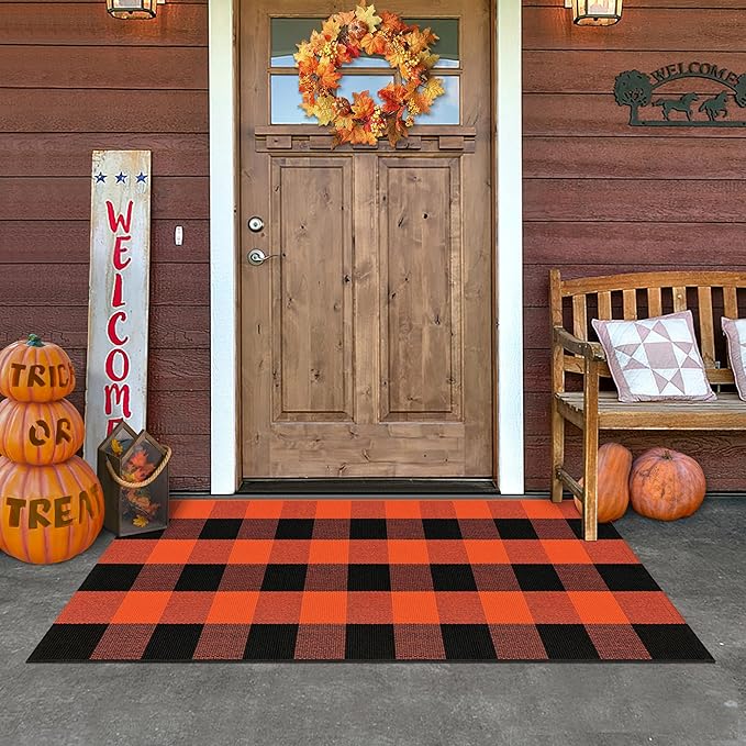 Buffalo Plaid Outdoor Rug Orange and Black 2x4.3 Cotton Woven Checkered Rug Washable Halloween Front Porch Rug Layered Fall Outdoor Mats for Front Door Autumn Farmhouse Entryway Patio Decor