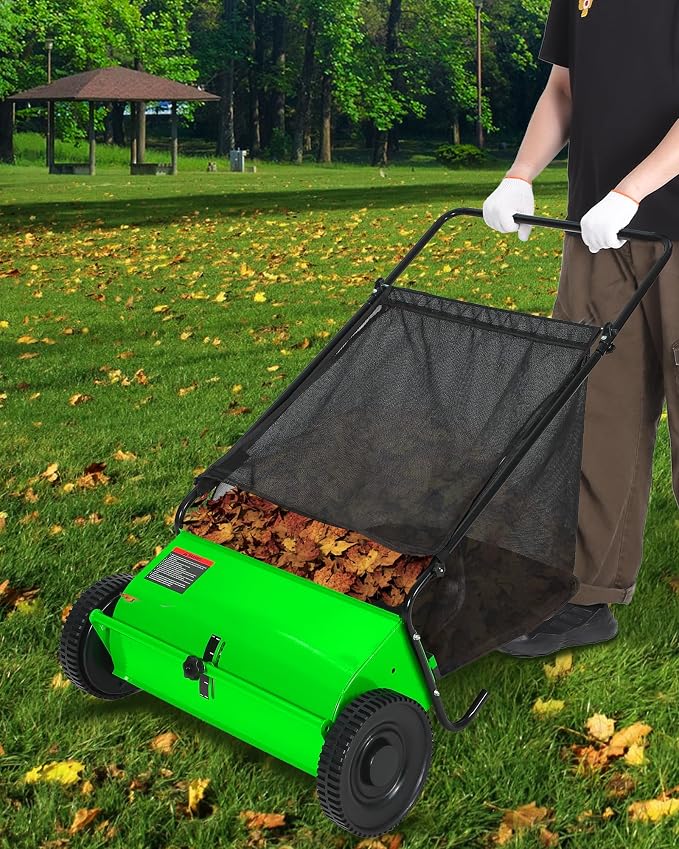 26 Inch Push Lawn Sweeper, 7 Cu.ft Large Capacity Leaf Collector with 4 Spinning Brushes, Adjustable Height Heavy Duty Steel Frame Lawn Sweeper with Rubber Wheels for Yard Garden Grass Leaves Debris