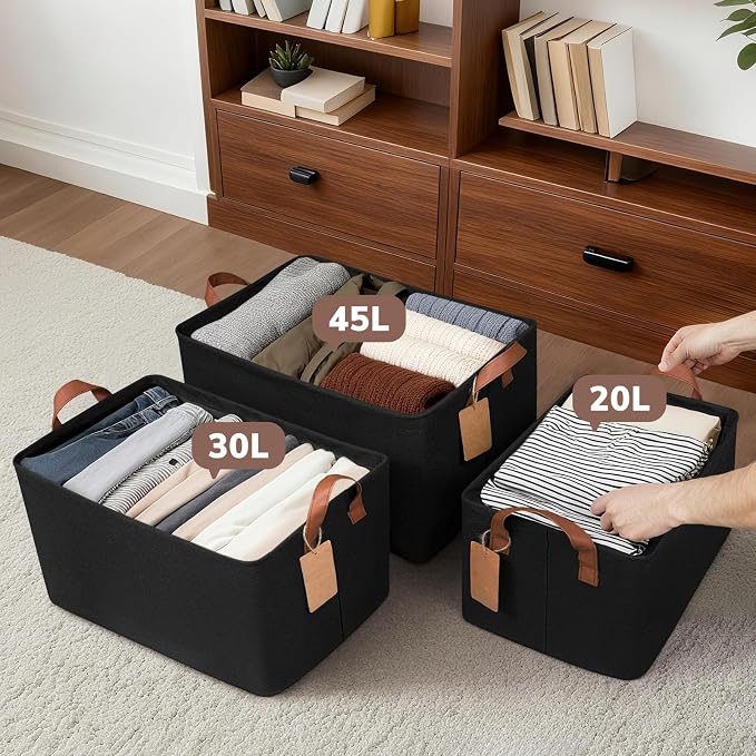 CHICVITA 45L Extra Large Fabric Storage Bins, Metal Frame, 2-Pack, Black | 19" L x 13" W x 11" H, Collapsible Design, Nursery, Living Room & Closet Organization, Toys, Clothes & Blankets Storage