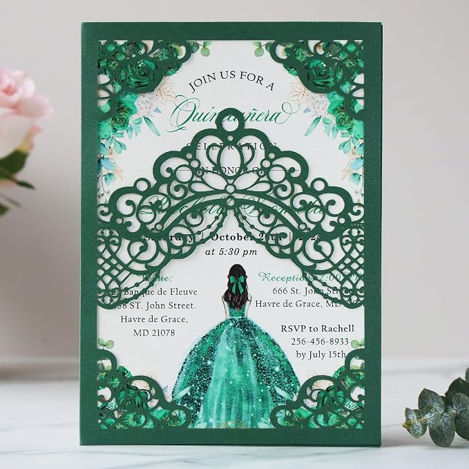 Hosmsua 50PCS Personalized Emerald Green Quinceanera Invitations Kit, 5.1x7.3 Inch Laser Cut Floral Crown Pocket Quinceanera Invitation Cards with Envelopes for Birthday Quince Anos Invite