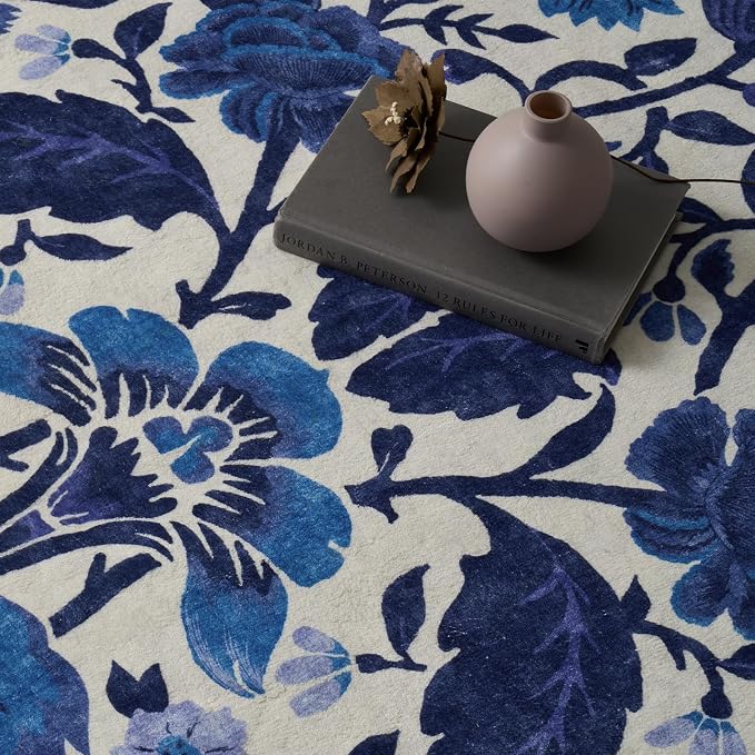 EVERGRACE Hallyway Area Runner Rugs 2x6, Boho Floral Faux Wool Indoor Outdoor Rugs, Washable Rugs for Bedroom Bathroom Living Room Kitchen, Low Pile Floor Mat Carpet for Home Decor, Celtic Blue