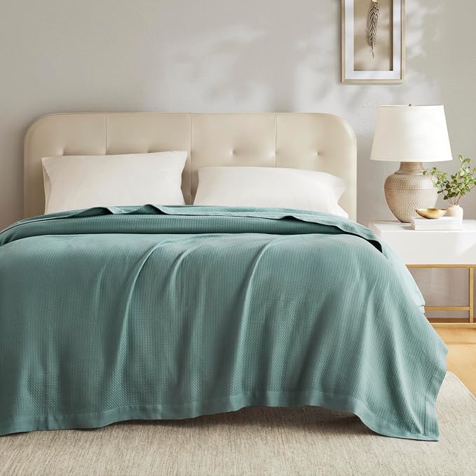 Madison Park 100% Egyptian Cotton Summer Blanket Full Queen Size Teal | Cozy Soft Breathable Durable, Waffle Weave Woven Casual, Lightweight Knit All Season Throw for Bed Couch or Sofa, OEKO TEX