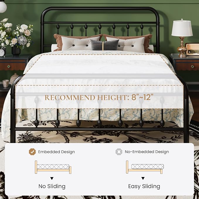 SHA CERLIN Queen Metal Bed Frame with Victorian Iron-Art Headboard, Black | Victorian Iron-Art Headboard and Footboard, Easy Assembly, Under Bed Storage, No Box Spring Required