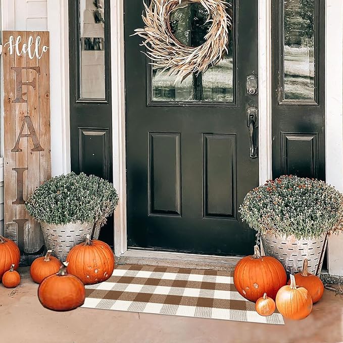 Buffalo Plaid Outdoor Rugs, 2'x4'3'' Brown and White Checkered Indoor/Outdoor Area Rug, Layering Rug for Hello/Welcome Door Mat, Washable Cotton Woven Farmhouse Mat for Fall Front Porch Décor