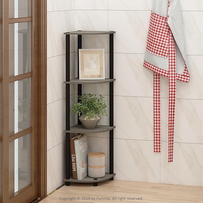 Furinno TURN-N-TUBE Corner Shelf, 4-Tier Corner Bookshelf, Display Storage Shelves with Open Shelves, for Organization and Storage, Living Room, Home Office, Garage, French Oak
