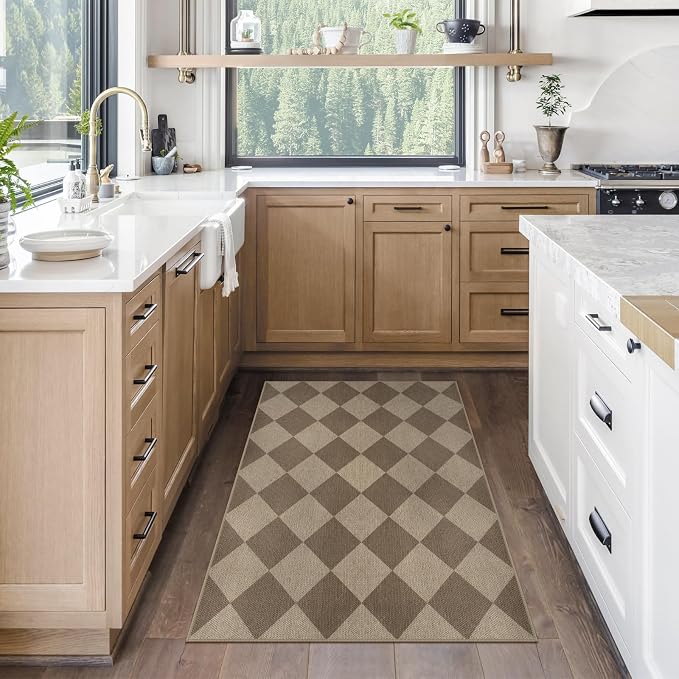 Rugalia Easy Jute Checkered Entryway Rug, 2.6x4 Brown Modern Indoor Outdoor Doormat, Washable Non-Slip Neutral Kitchen Rug Farmhouse Diamond Throw Rugs for Entrance Bedroom Bathroom