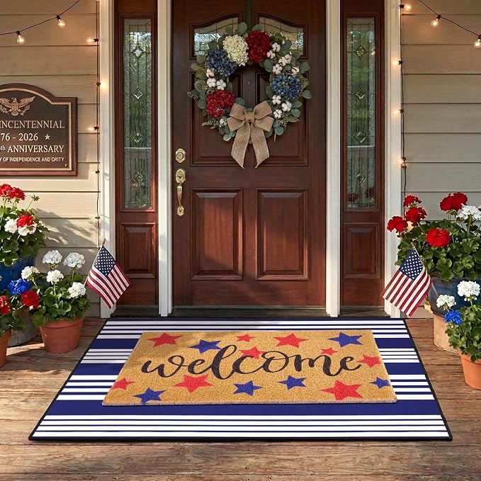 2 Pcs 4th of July Welcome Door Mat Patriotic Star Doormat White Blue Star Door Mats Non-Slip Coir Doormat with Stripes Layered Rug for America 250th Anniversary, Front Porch Entryway Decor