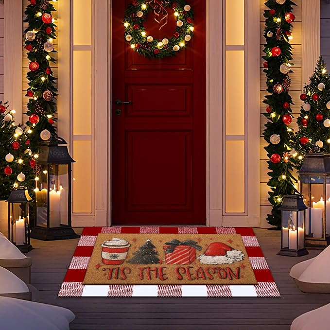 Tinideya 2 Pcs Christmas Layered Doormat Set, Tis the Season Welcome Mat and Red White Plaid Layering Rug, Xmas Front Porch Decorations for Entryway Doorway Outdoor