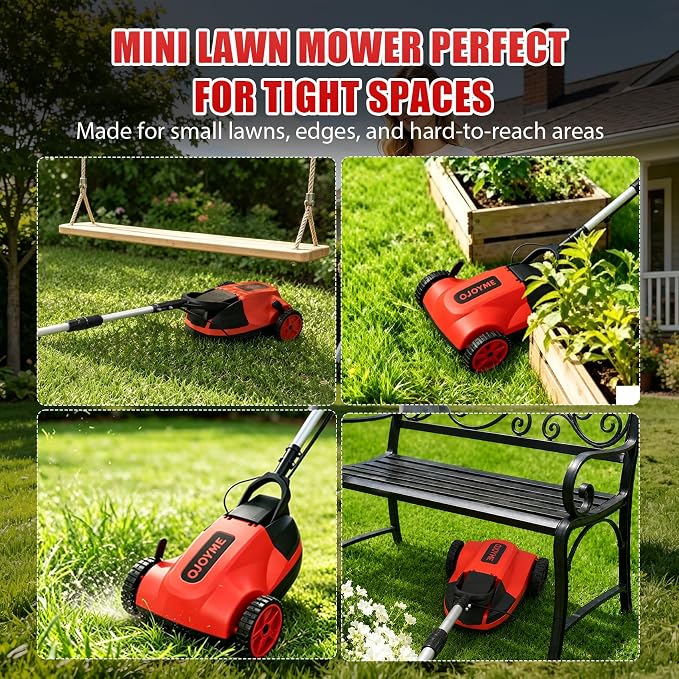 Mini Cordless Lawn Mower, 9 Inch Electric Grass Cutter, Red | Lightweight Push Mower with 2 x 21V 4.0Ah Batteries,Brushless Motor, Adjustable Cutting Heights for Small Yard & Garden