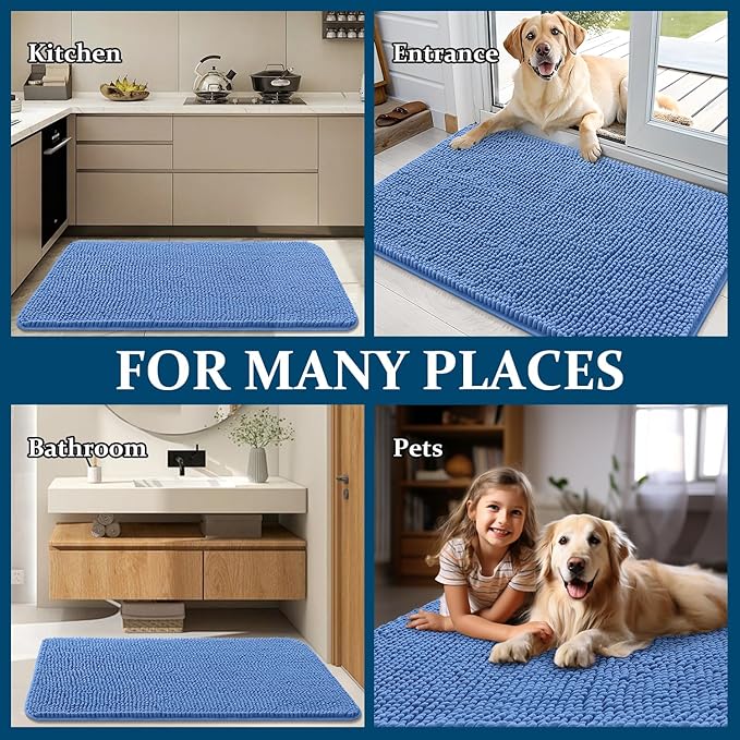 OLANLY Dog Door Mat for Muddy Paws 59x24, Absorbs Moisture and Dirt, Absorbent Non-Slip Washable Doormat, Quick Dry Chenille Mud Mat, Entry Indoor Entryway Carpet for Inside Floor, Cornflower Blue