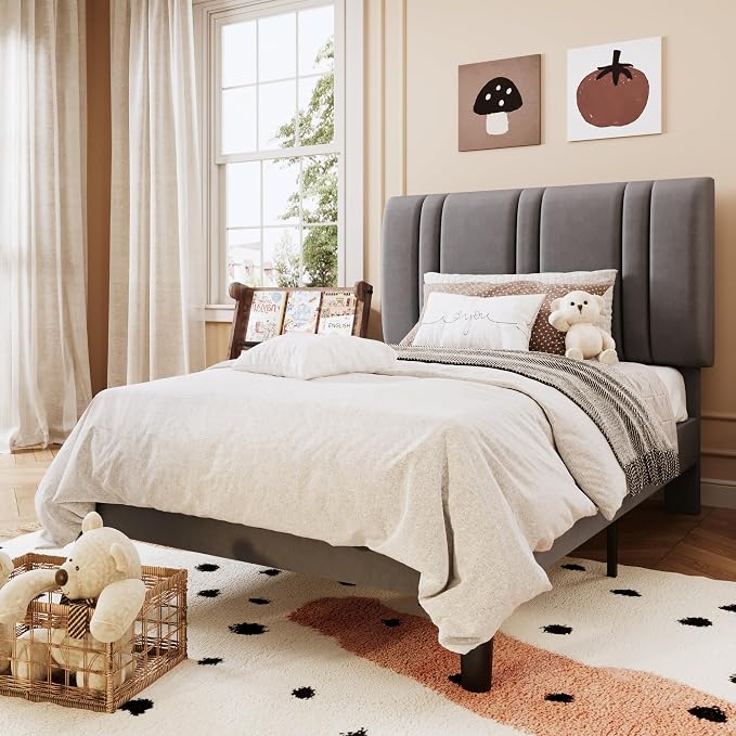 SHA CERLIN Twin Size Velvet Bed Frame with Adjustable Headboard, Grey | Vertical Channel Tufted Design, Upholstered Platform Bed, Wood Slats Support/No Box Spring Needed/Easy Assembly