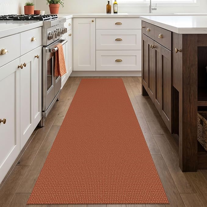 IOHOUZE Washable Runner Rug 2.6x8 Non Slip Rubber Backed Wide Hallway Runner Entryway Runner Indoor, Kitchen Rugs Woven Cotton Floor Carpet for Hall Entrance Bedroom, Burnt Orange/Tan