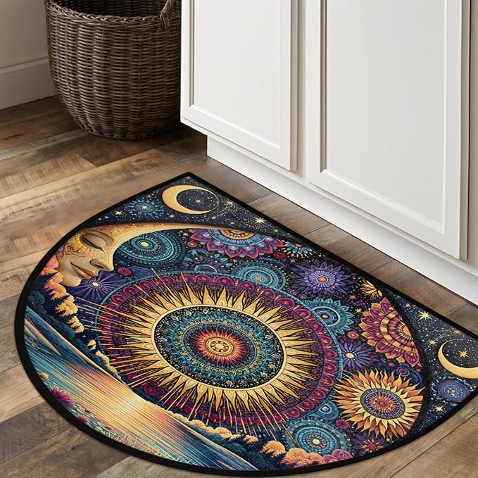 Moon Half Round Door Mat Semi Circle Rug Half Moon Doormat | Soft Washable Mandala Lake Welcome Entrance Mat for Outdoor Indoor Floor Bedroom Bathroom Home Kitchen Festival Decor