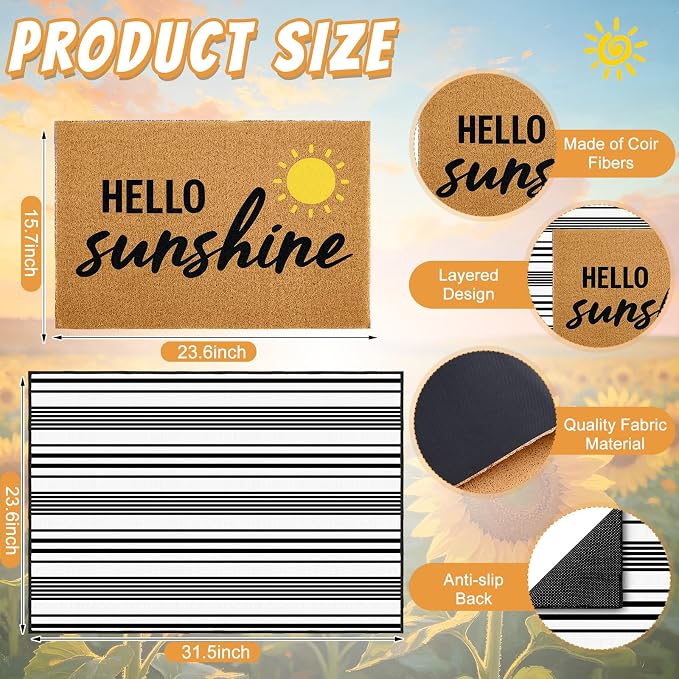 2 Pcs Layered Front Porch Decor, Hello Sunshine Welcome Doormats Summer Coastal Entryway Rug Set, Black and White Striped Crystal Velvet Base and PVC Coil Door Mat, 15.7x23.6 & 23.6x31.5