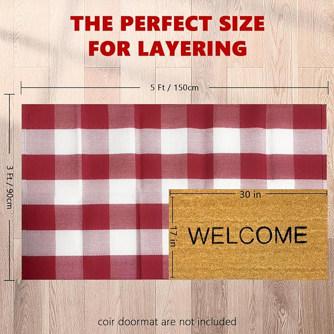 3x5 Ft Outdoor Rug, Red and White Front Door Mat, Cotton Woven Entryway Rug, Washable Layering Rug for Front Porch Christmas Outdoor Decor