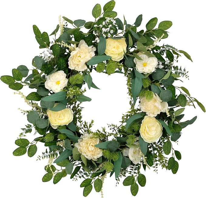 Puleo International 30" Artificial Eucalyptus Floral Spring Door Wreath, Green/Ivory