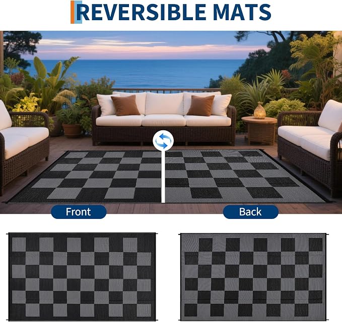 GarveeHome Large Waterproof Outdoor Rug 10 x 14 Foldable Checkboard Plastic Straw Rug, UV-Resistant Reversible Mat, Modern Geometric Plaid Woven Carpet for Picnic, Backyard, Deck, Black Gray