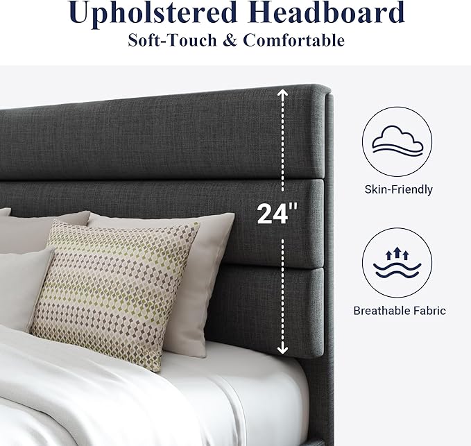 Allewie Full Size Platform Bed Frame with Fabric Upholstered Headboard Gray | Wooden Slats Support, Fully Upholstered Mattress Foundation, No Box Spring Needed, Easy Assembly, Noise-Free, Dark Grey