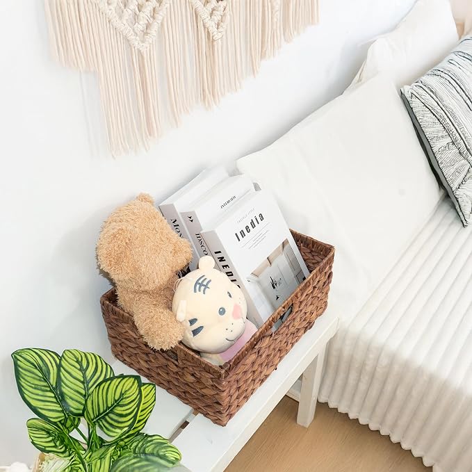 KOKODO Pack 1 COLORED Large Rectangular Water Hyacinth Wicker Storage Basket with Handles and Built-in Metal Frame with Chalkboard, Handwoven Perfect for Space-Saving Shelves and Room Organizing