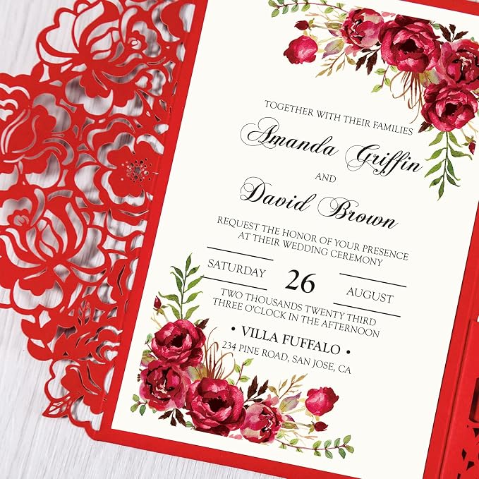 DORIS HOME 50Pcs Personalized Laser Cut Wedding Invitations, Red | 4.7"x7.1", Customized Anniversary Invitations, With Envelopes