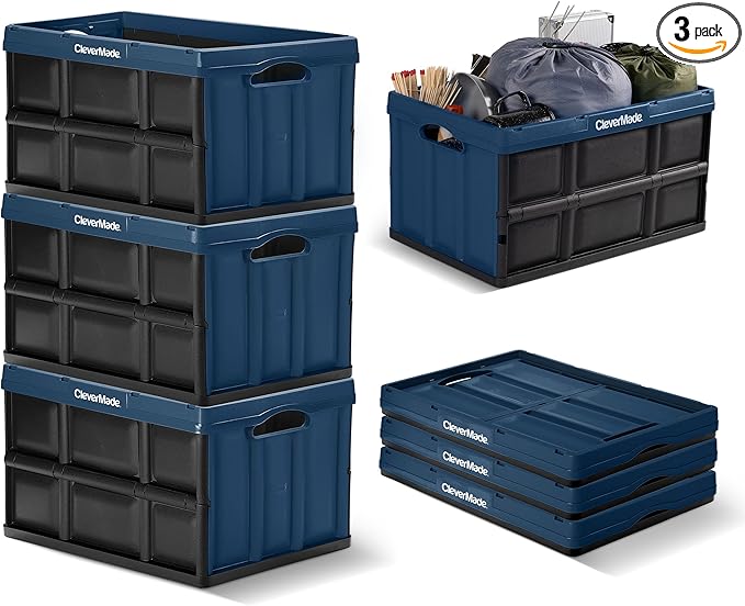 CleverMade Collapsible Storage Bins, 62L, 3 Pack, Ocean | Extra-large bins support 100 lb for groceries, tools, and gear. They stack securely and fold to 2.75 inches for storage.