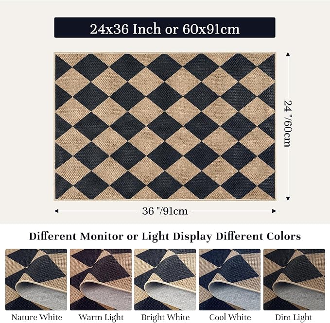 EDIMENS Checkered Easy Jute 2x3 Entryway Rugs Front Door Mat Entry Rug | Non Slip Small Area Rug Kitchen Mat Checkered Rug Farmhouse Low Pile Washable Black Indoor Outdoor Doormat for Porch Doorway