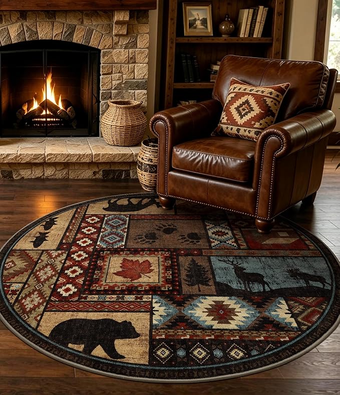 YIHOUSE Rustic Round Rug 4ft, Washable Circle Rug with Non-Slip Backing, Low Pile Soft Western Cabin Rugs for Living Room, Bedroom