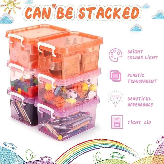 Wenqik 6 Pack Colorful Plastic Storage Bins with Lids 4 Quart Small Storage Latch Box Stackable and Nestable Clear Organizer Bins with Latching Handle and Buckle for Organizing(Sweet Color)