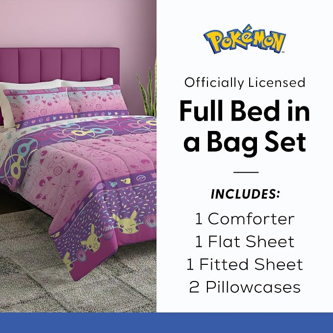 Northwest Pokemon Light and Sweet Full Size Bed in a Bag Set, Pikachu Eevee Jigglypuff, Kids Boys Girls Bedding Comforter Sheets